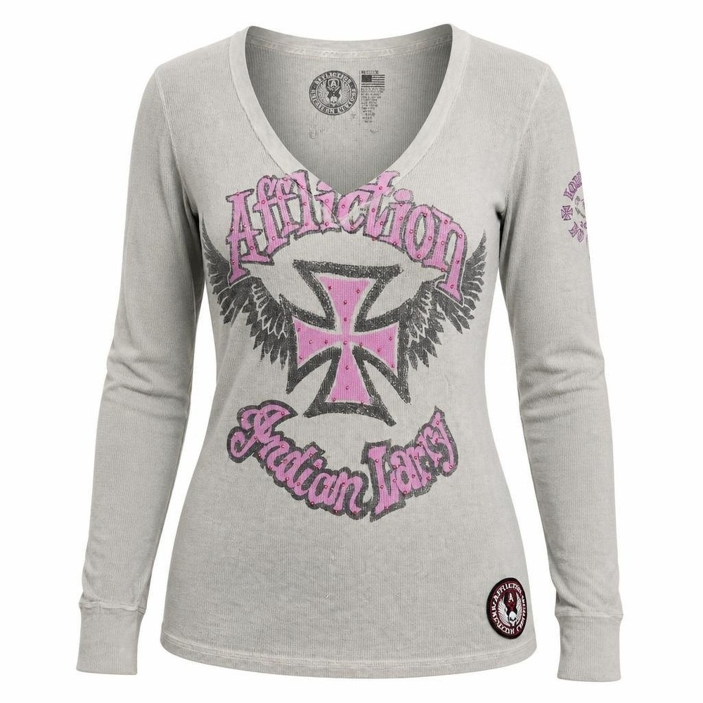 Affliction Shirt Womens M American Customs Indian Larry Gray Lightweight Stretch